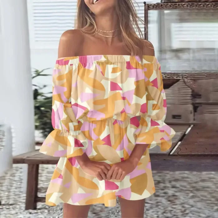 Vestido Boho Floral Fora do Ombro com Manga Ampla Mini Casual 2025 - Imagem 5