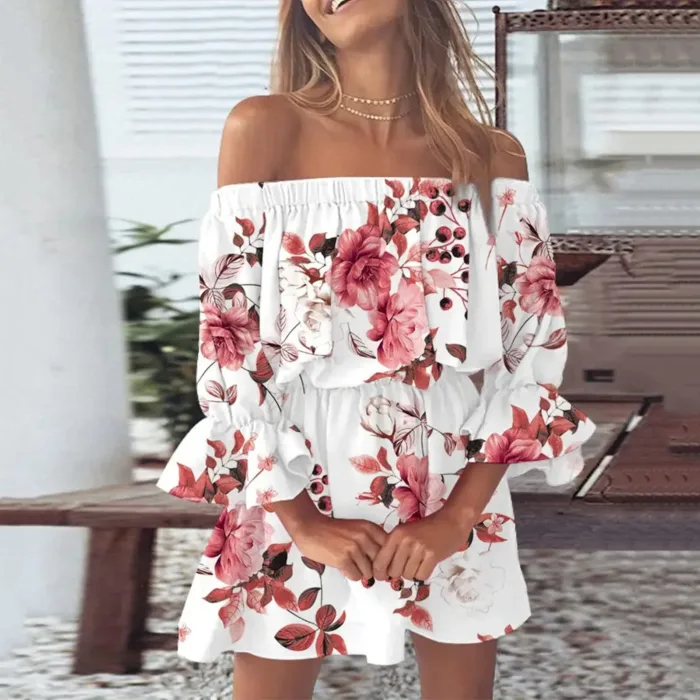 Vestido Boho Floral Fora do Ombro com Manga Ampla Mini Casual 2025 - Imagem 2