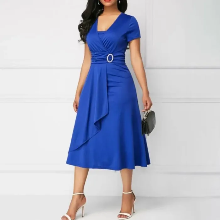 Vestido Feminino Verão Viscose Decote V Pregas Assimétrico