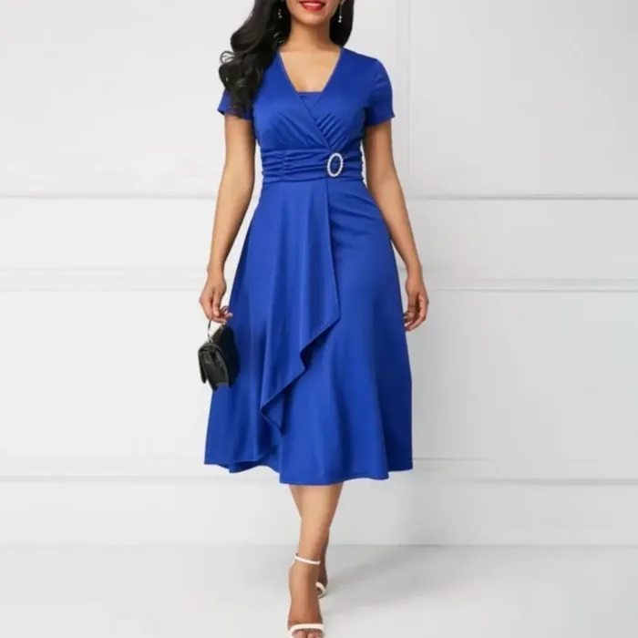 Vestido Feminino Verão Viscose Decote V Pregas Assimétrico - Imagem 2