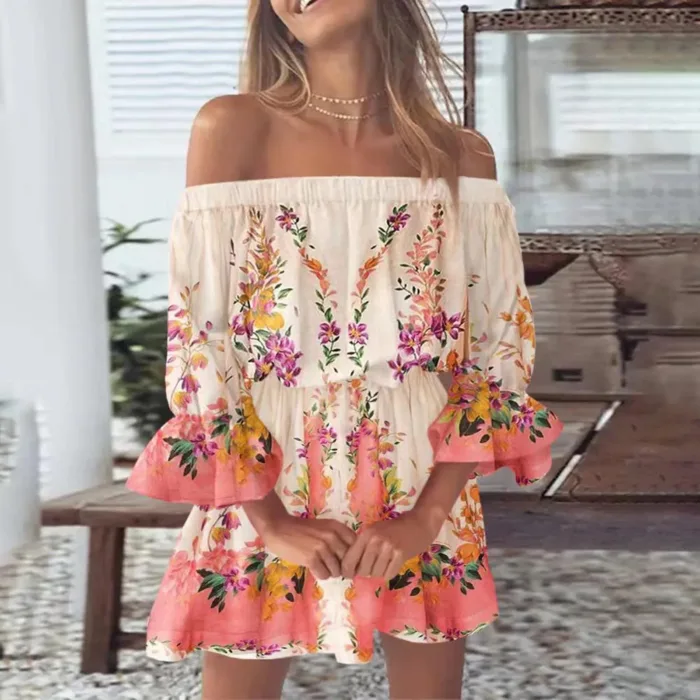 Vestido Boho Floral Fora do Ombro com Manga Ampla Mini Casual 2025 - Imagem 3