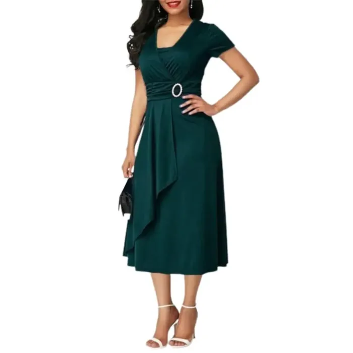Vestido Feminino Verão Viscose Decote V Pregas Assimétrico - Imagem 6