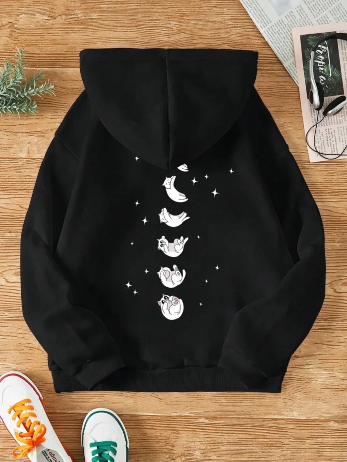 Moletom Harajuku com Gatinho e Céu Estrelado - Oversize Feminino