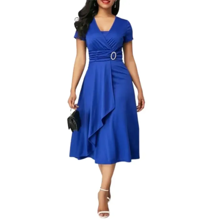 Vestido Feminino Verão Viscose Decote V Pregas Assimétrico - Imagem 7