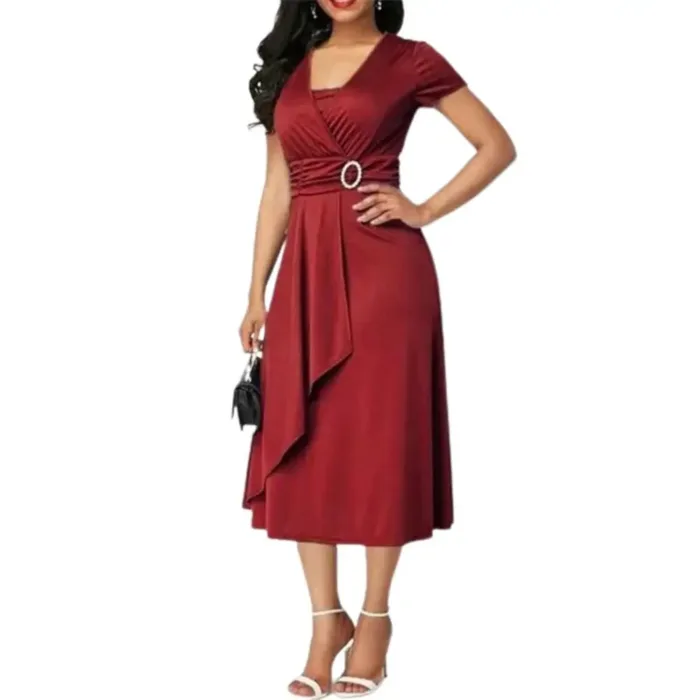 Vestido Feminino Verão Viscose Decote V Pregas Assimétrico - Imagem 9