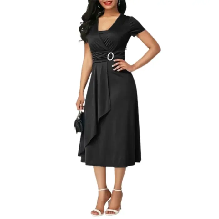 Vestido Feminino Verão Viscose Decote V Pregas Assimétrico - Imagem 8