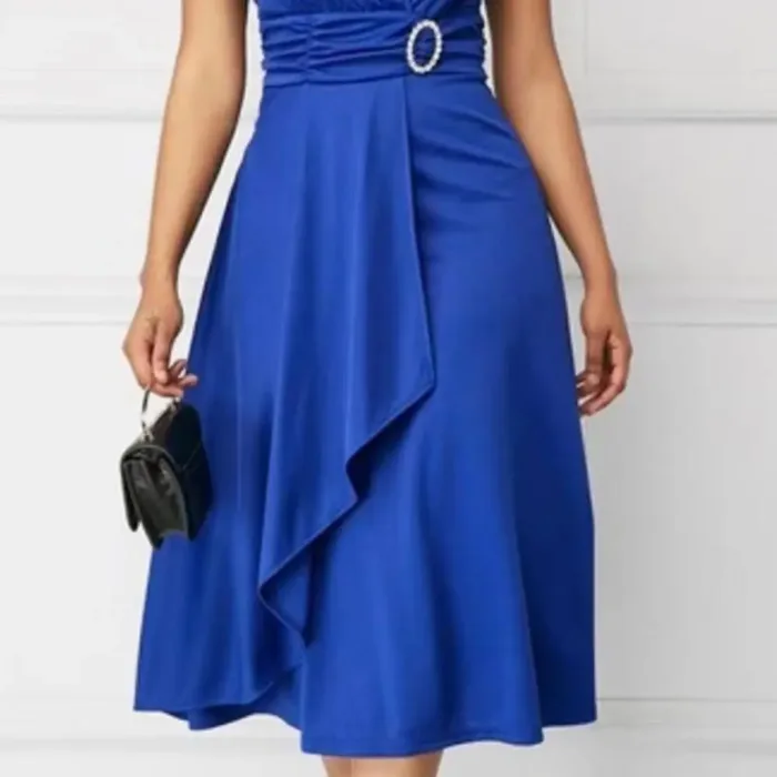 Vestido Feminino Verão Viscose Decote V Pregas Assimétrico - Imagem 5