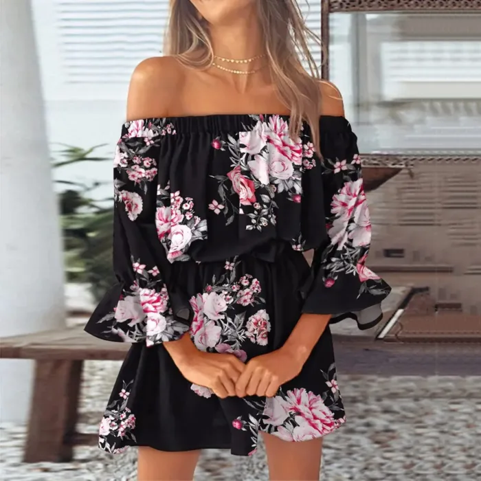 Vestido Boho Floral Fora do Ombro com Manga Ampla Mini Casual 2025 - Imagem 4