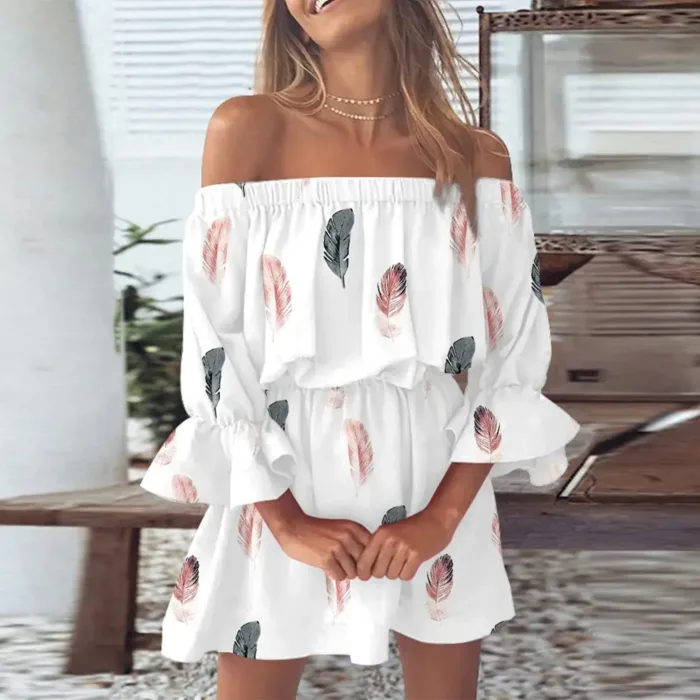 Vestido Boho Floral Fora do Ombro com Manga Ampla Mini Casual 2025
