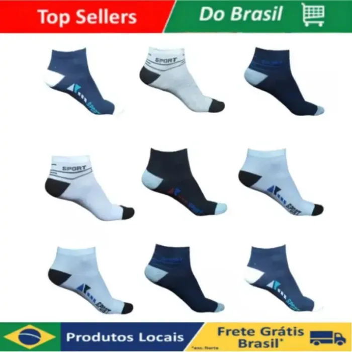 Kit com 12 Pares de Meias Curtas Masculinas Esportivas